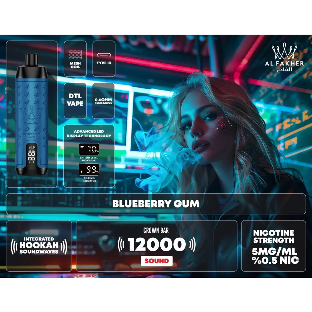 Al Fakher 12000 Puffs Integrated Hookah Sound Wave Disposable Vape - Blueberry Gum - Disposable Vape - Vapes Uae