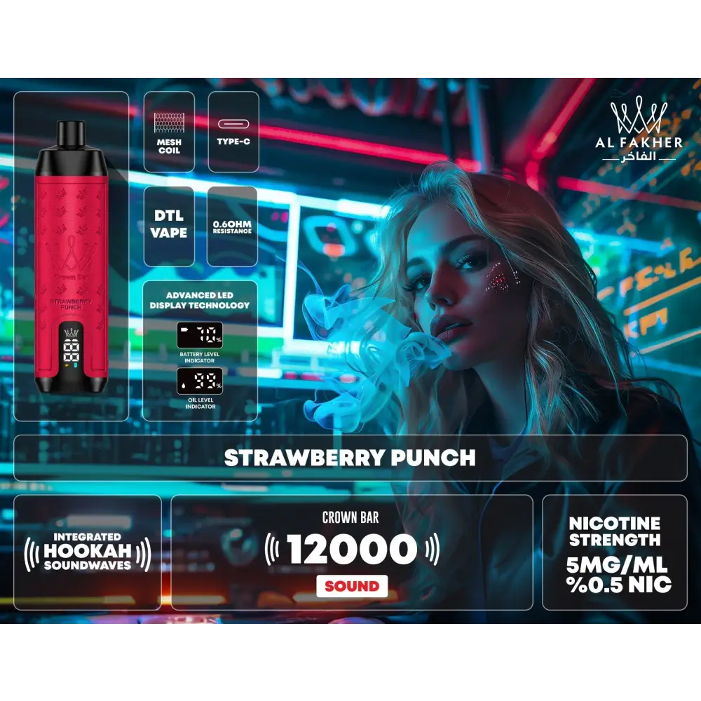 Al Fakher 12000 Puffs Integrated Hookah Sound Wave Disposable Vape - Strawberry Punch - Disposable Vape - Vapes Uae