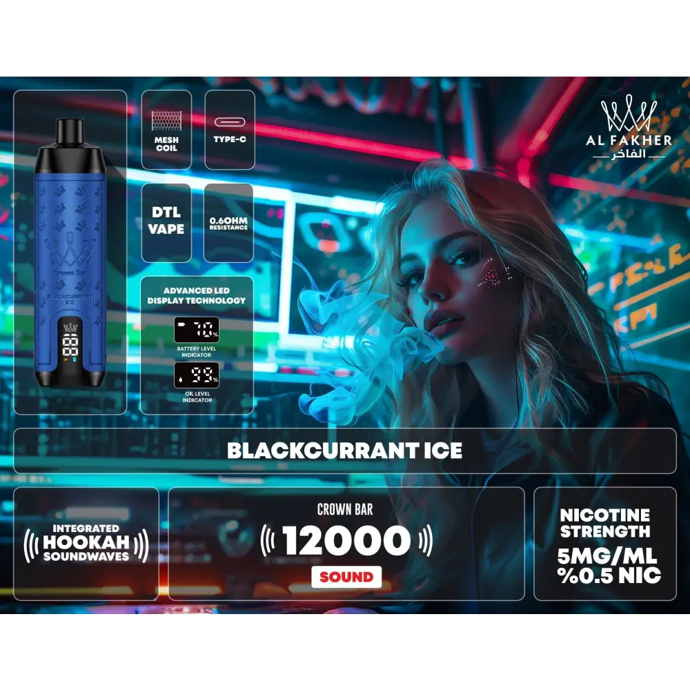 Al Fakher 12000 Puffs Integrated Hookah Sound Wave Disposable Vape - Black Currant Ice - Disposable Vape - Vapes Uae
