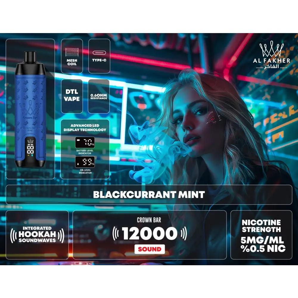 Al Fakher 12000 Puffs Integrated Hookah Sound Wave Disposable Vape - Black Currant Mint - Disposable Vape - Vapes Uae