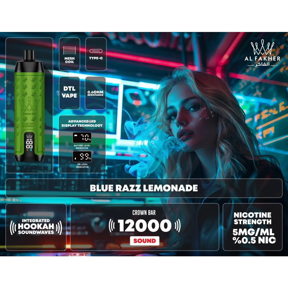 Al Fakher 12000 Puffs Integrated Hookah Sound Wave Disposable Vape - Blue Razz Lemonade - Disposable Vape - Vapes Uae