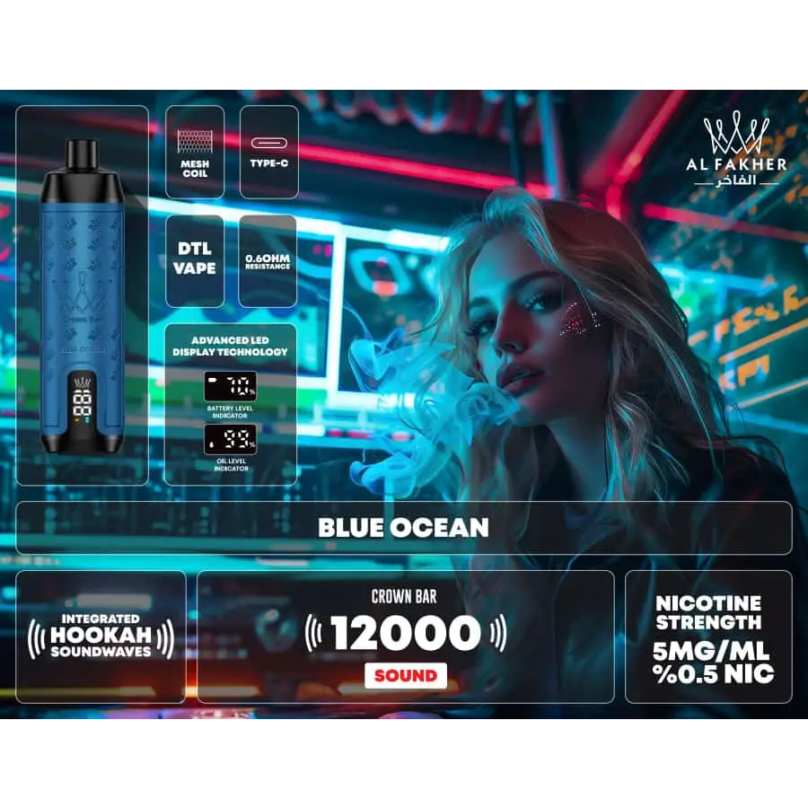 Al Fakher 12000 Puffs Integrated Hookah Sound Wave Disposable Vape - Blue Ocean / Berry Blue - Disposable Vape - Vapes