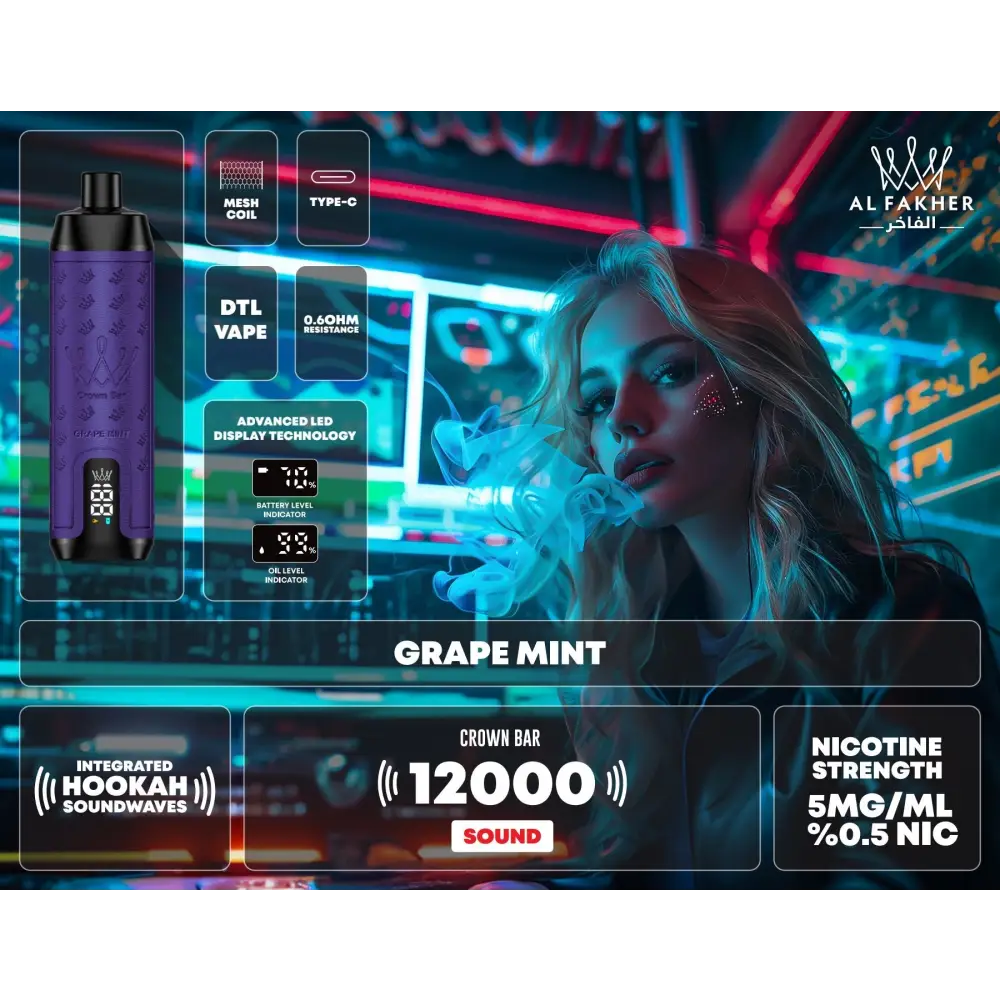 Al Fakher 12000 Puffs Integrated Hookah Sound Wave Disposable Vape - Grape Mint - Disposable Vape - Vapes Uae
