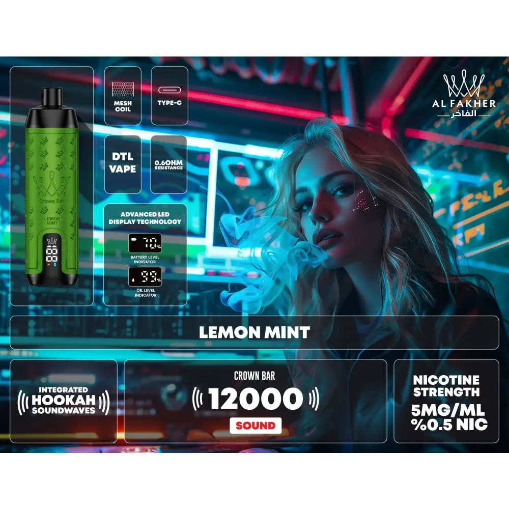 Al Fakher 12000 Puffs Integrated Hookah Sound Wave Disposable Vape - Lemon Mint - Disposable Vape - Vapes Uae