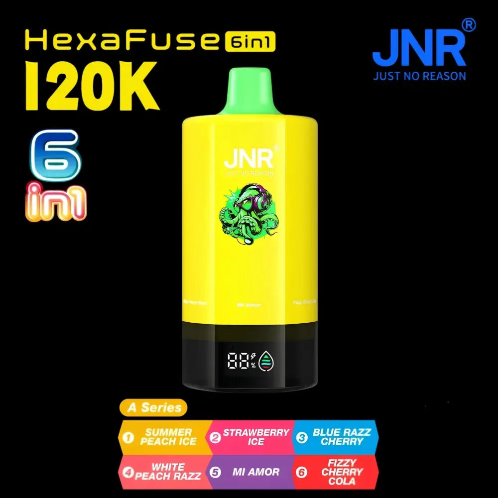 Jnr Hexafuse 6 in 1 120000 Puffs Disposable Vape - a Series (summer Peach Ice | Strawberry Ice | Blue Razz Cherry