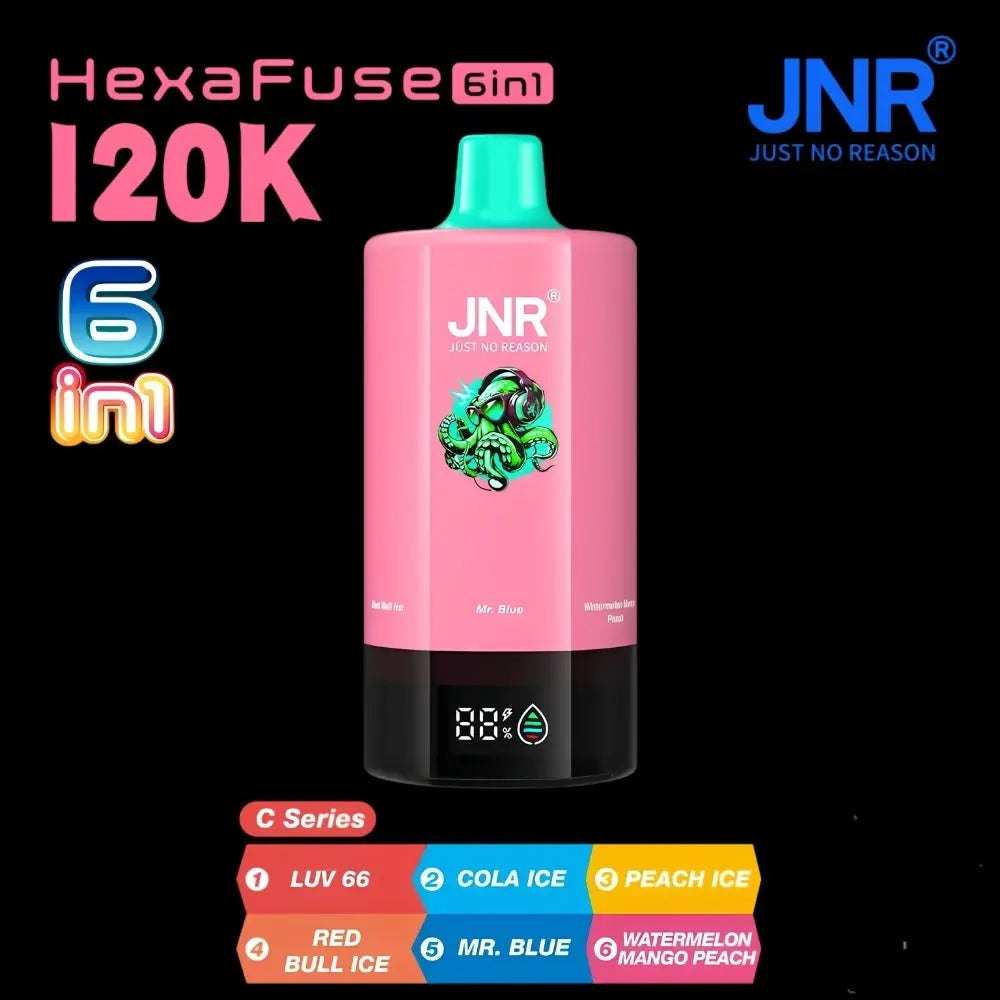 Jnr Hexafuse 6 in 1 120000 Puffs Disposable Vape - c Series (luv 66 | Cola Ice | Peach Ice | Red Bull Ice | Mr. Blue