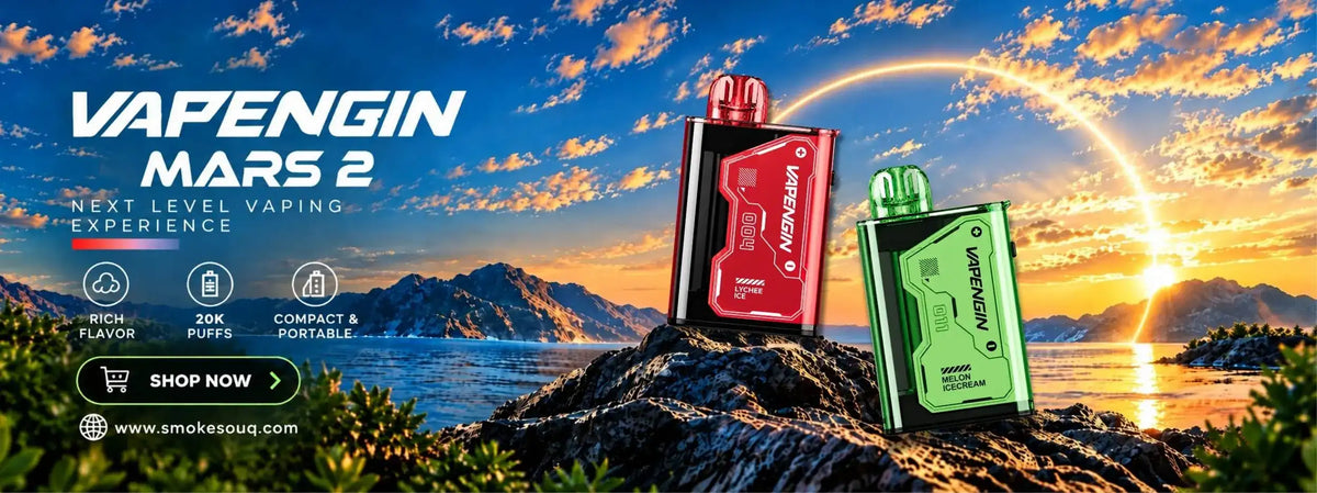 Red and green vapengin mars 2 vape devices with sleek, angular designs and metallic finishes.