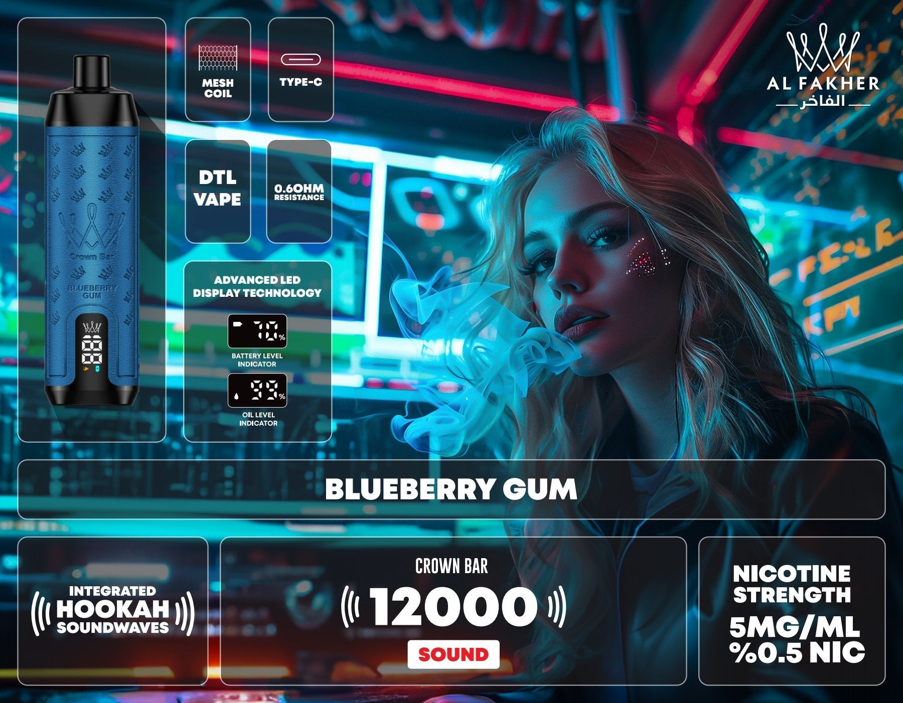 Al fakher 12000 puffs integrated hookah sound wave disposable - blueberry gum - disposable vape