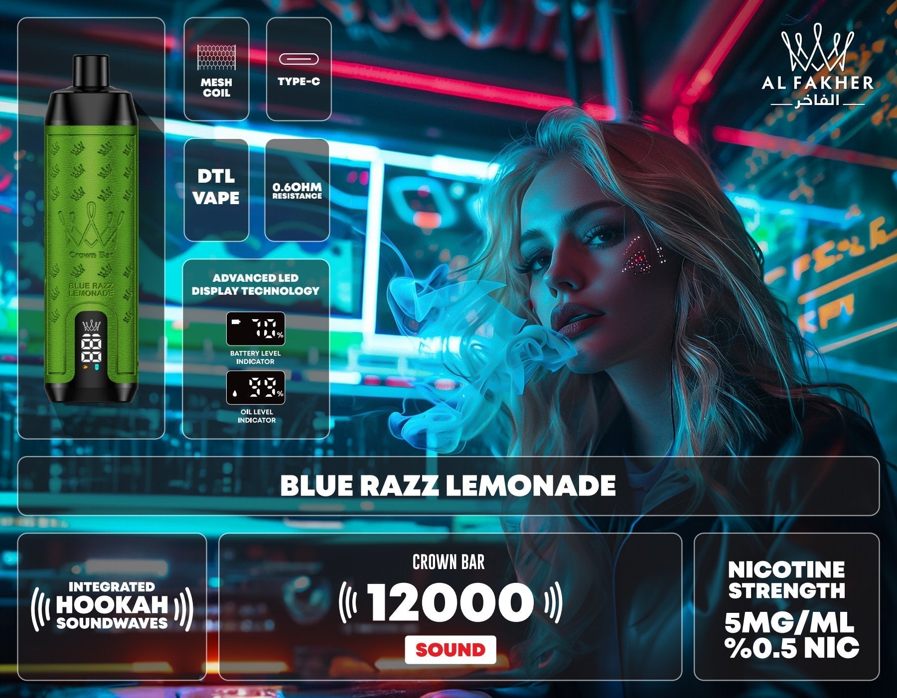 Al fakher 12000 puffs integrated hookah sound wave disposable - blue razz lemonade - disposable vape