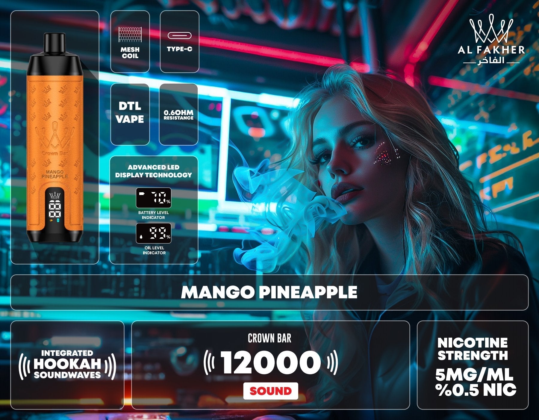 Al fakher 12000 puffs integrated hookah sound wave disposable - mango pineapple - disposable vape