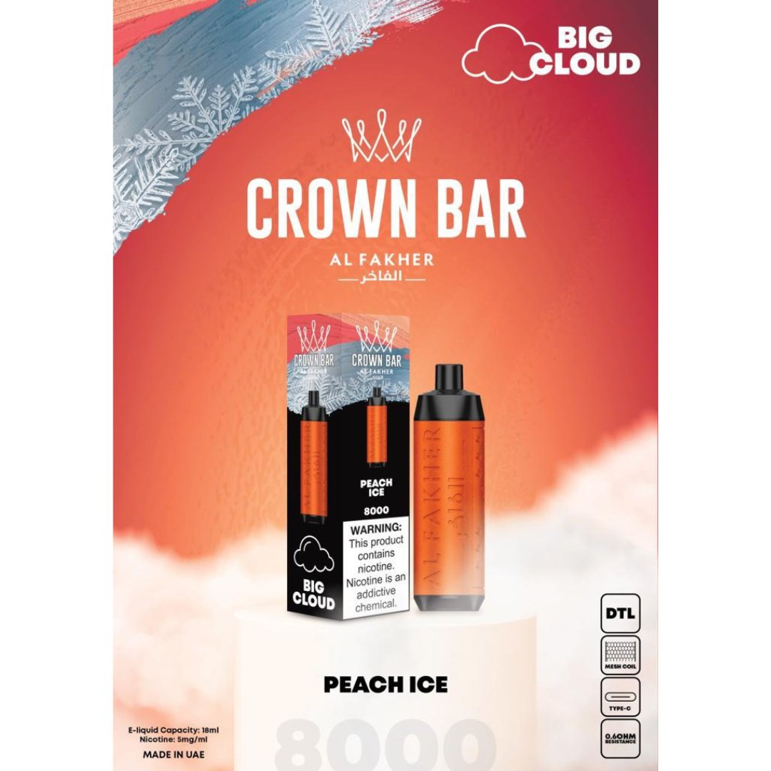 Al fakher 8000 puffs crown bar big cloud - peach ice - disposable vape