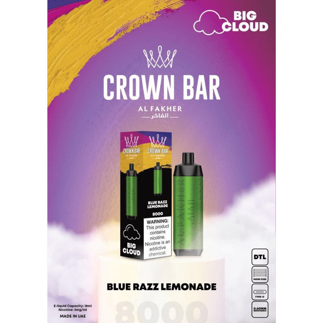 Al fakher 8000 puffs crown bar big cloud - blue razz lemonade - disposable vape