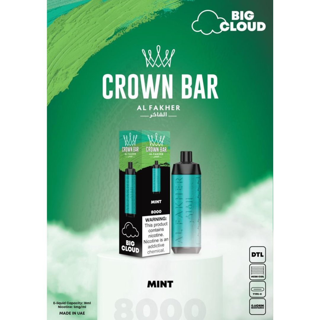 Al fakher 8000 puffs crown bar big cloud - mint - disposable vape - vapes uae