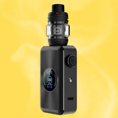 Black vape pen with digital display and adjustable settings, featuring a sleek design.