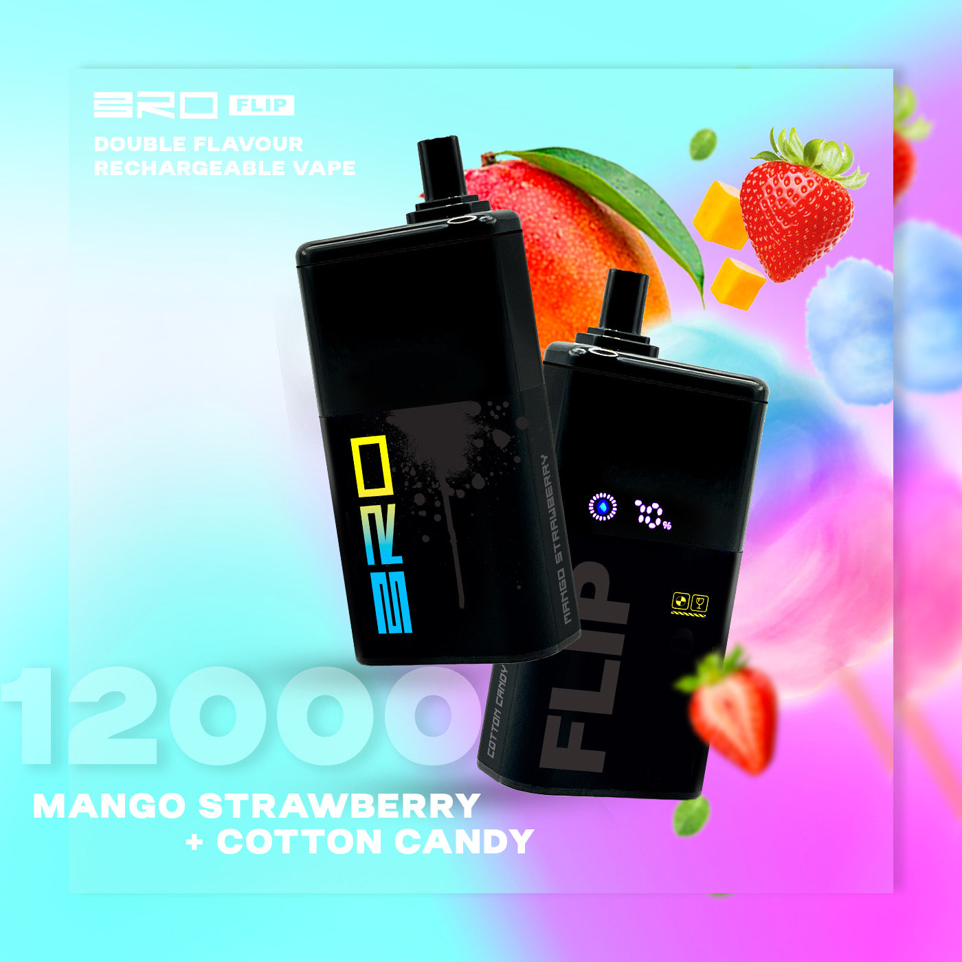 Bro flip 12k puffs - mango strawberry + cotton candy - disposable vape