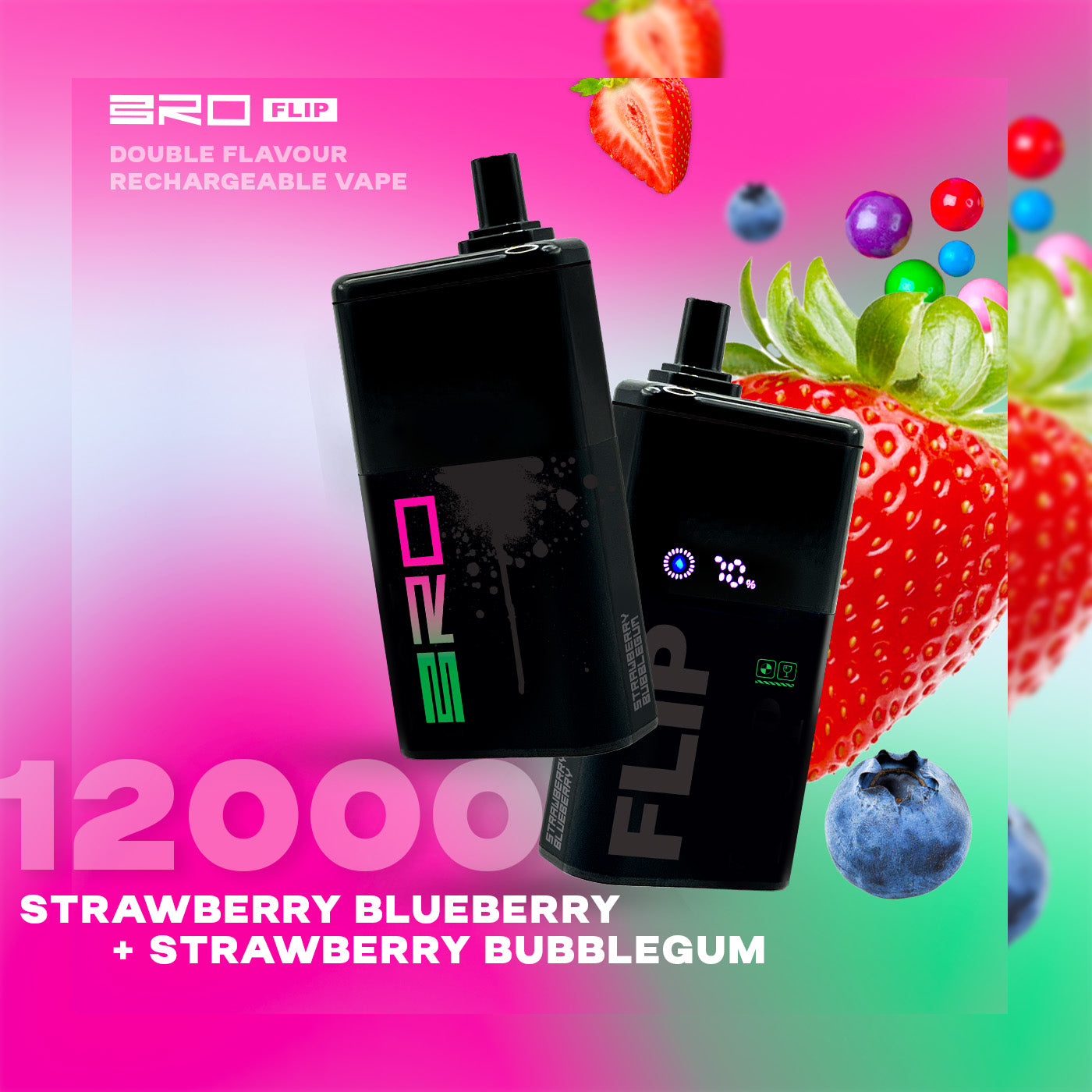 Bro flip 12k puffs - strawberry blueberry + strawberry bubble gum - disposable vape