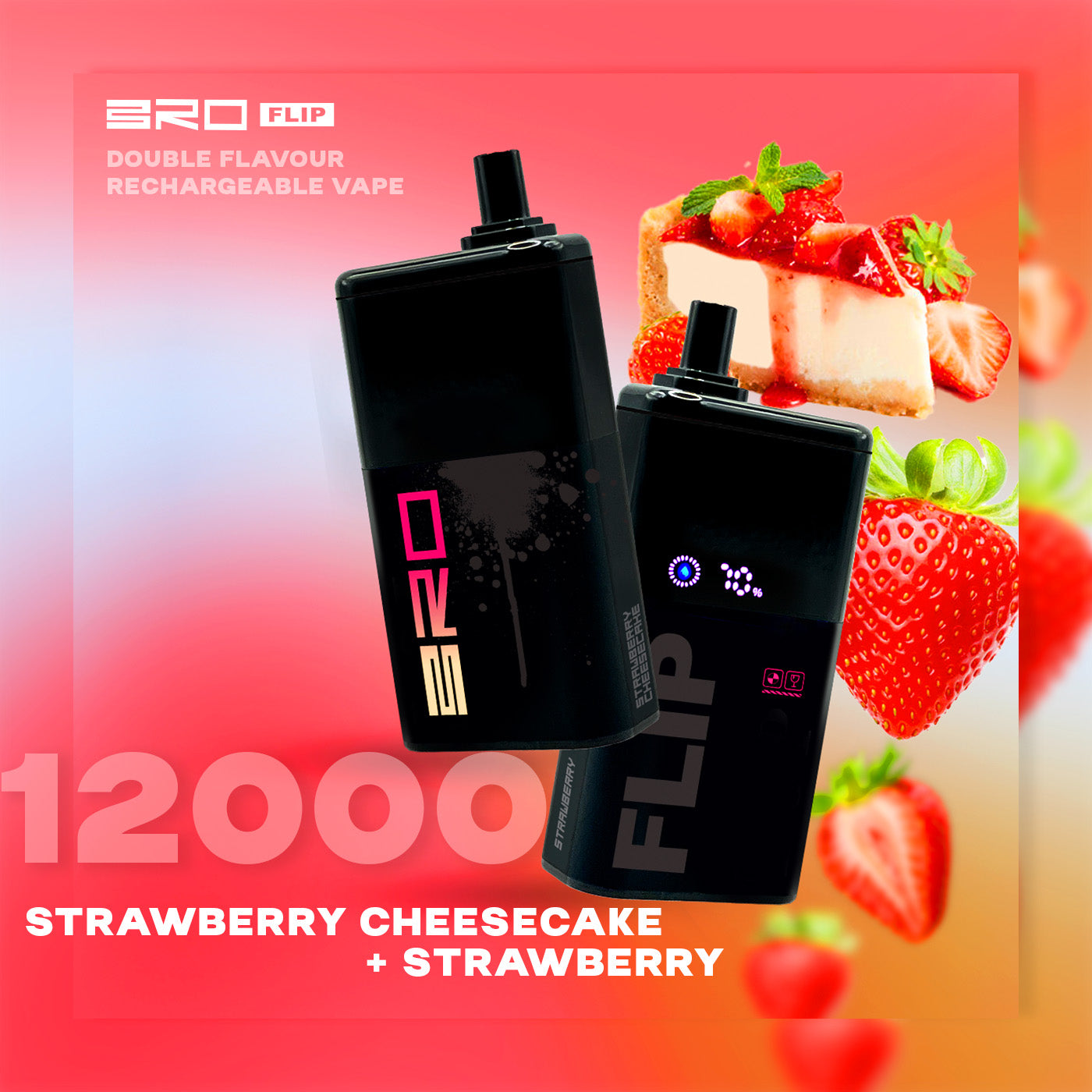 Bro flip 12k puffs - strawberry cheese cake + strawberry - disposable vape