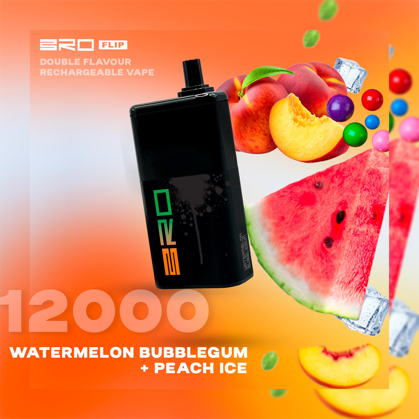 Bro flip 12k puffs - watermelon bubblegum + peach ice - disposable vape