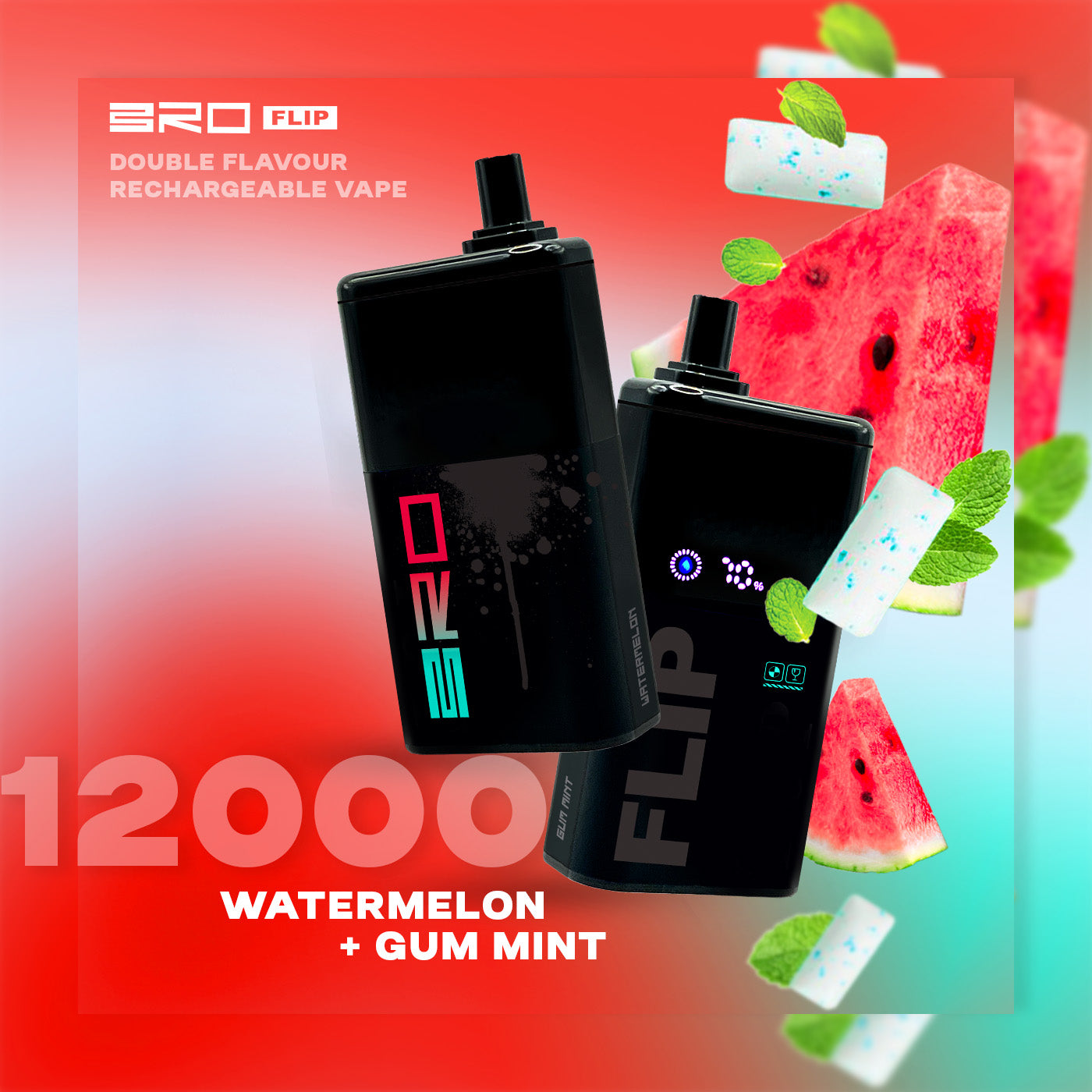 Bro flip 12k puffs - watermelon + gum mint - disposable vape