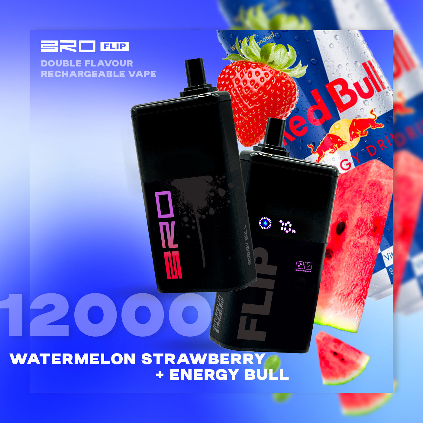 Bro flip 12k puffs - watermelon strawberry + energy bull - disposable vape - vapes uae