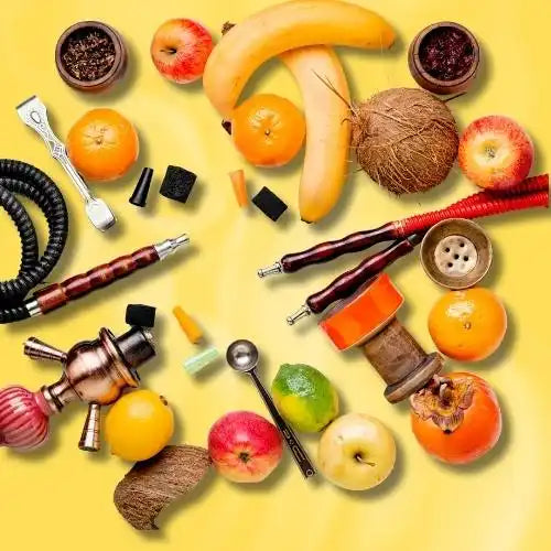 A collection of hookah parts, fruits, and smoking accessories arranged in a circular pattern.