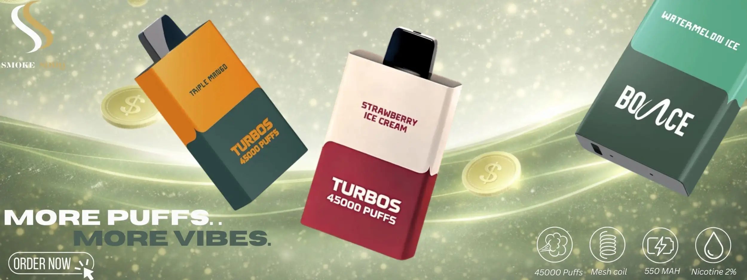 The image displays three rectangular vape devices with distinct color schemes and flavor labels: an orange-and-teal device labeled ’turbos 45000 puffs’ for triple mango, a white-and-red one marked ’straw