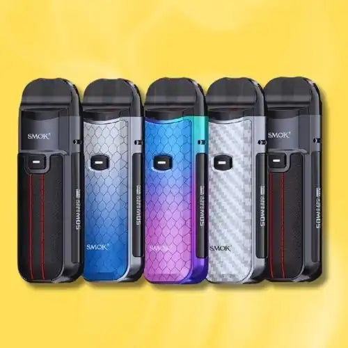 Five SMOK Nord vaping devices in different colors and patterns arranged in a row.