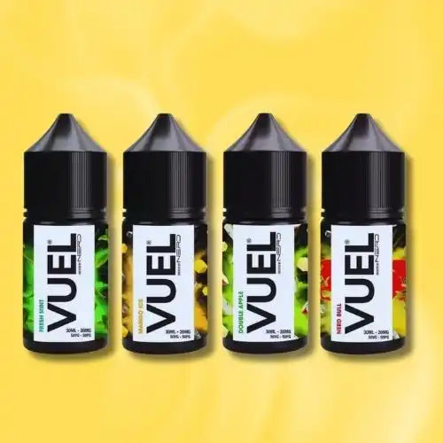 Four black vape juice bottles with ’VUEL’ branding on white labels.