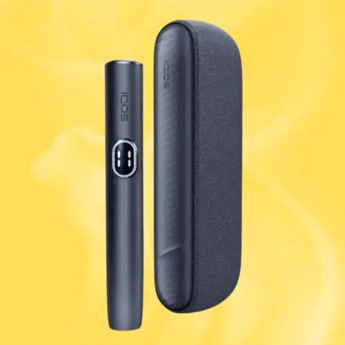 Iqos heated tobacco device in black with a sleek, minimalist design.