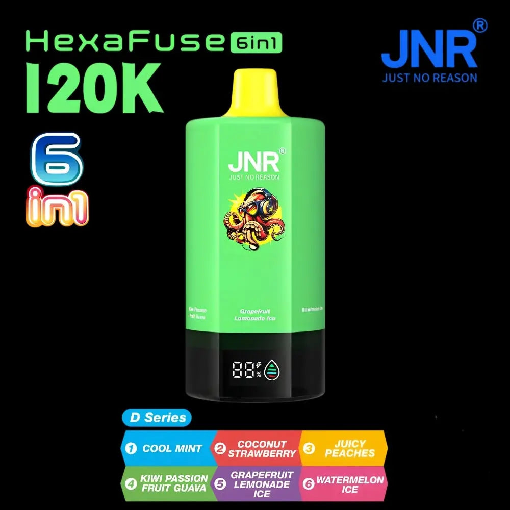 Jnr Hexafuse 6 in 1 120000 Puffs Disposable Vape - d Series (cool Mint | Coconut Strawberry | Juicy Peaches | Kiwi