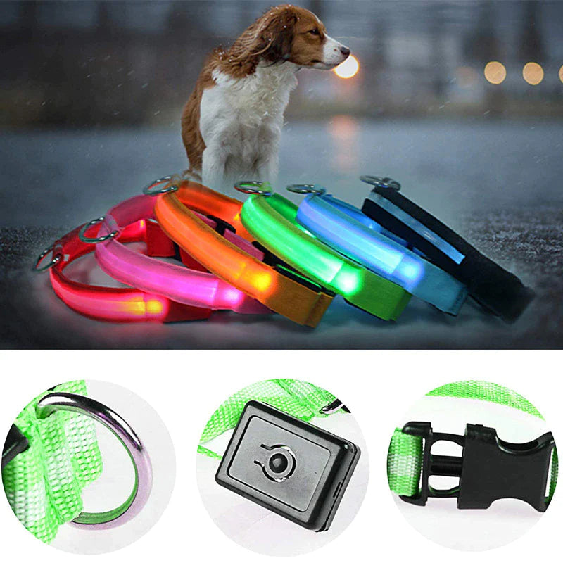 Led adjustable dog collar blinking flashing light up glow pets safety waterproof