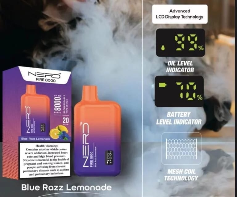 Nerd fire 8000 puffs - blue razz lemonade / 20mg (2% ) - disposable vape