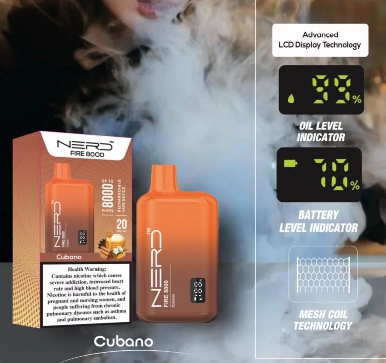 Nerd fire 8000 puffs - cubano / 20mg (2% ) - disposable vape - vapes uae