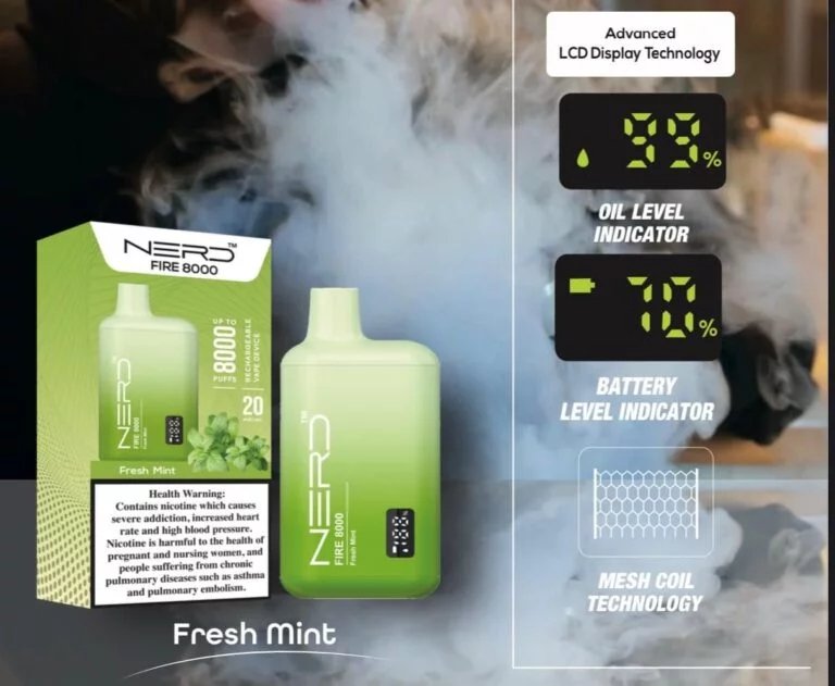 Nerd fire 8000 puffs - fresh mint / 20mg (2% ) - disposable vape - vapes uae