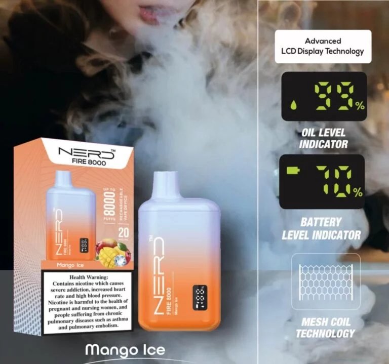 Nerd fire 8000 puffs - mango ice / 20mg (2% ) - disposable vape - vapes uae