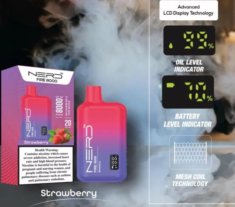 Nerd fire 8000 puffs - strawberry / 20mg (2% ) - disposable vape - vapes uae