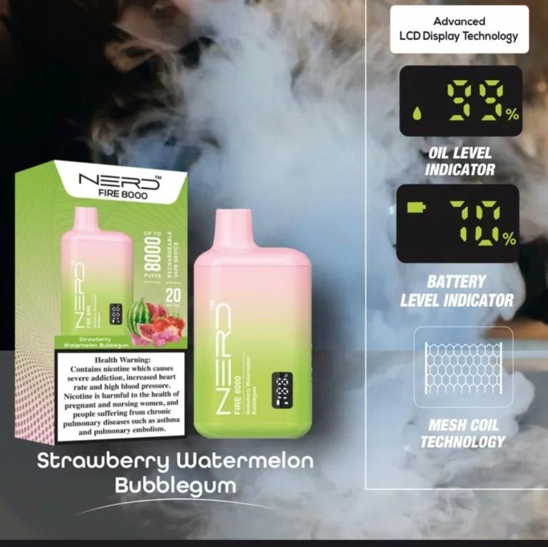 Nerd fire 8000 puffs - strawberry watermelon bubble gum / 20mg (2% ) - disposable vape