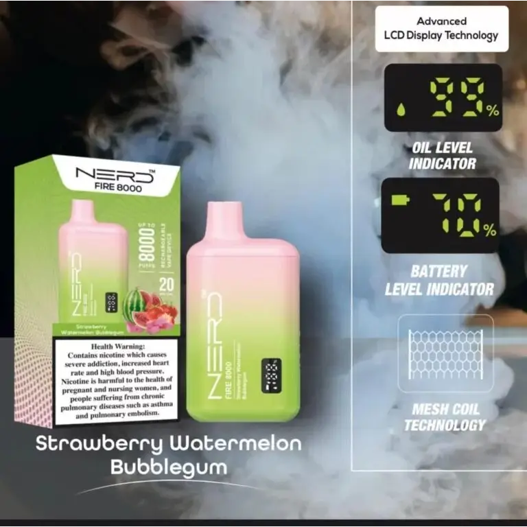 Nerd Fire 8000 Puffs - Strawberry Watermelon Bubble Gum / 20mg (2% ) - Disposable Vape - Vapes Uae