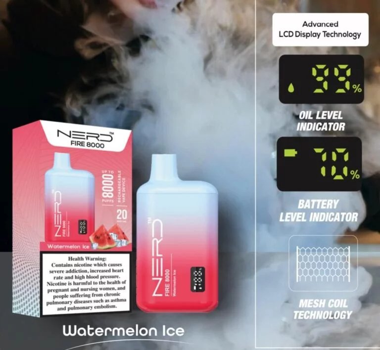 Nerd fire 8000 puffs - watermelon ice / 20mg (2% ) - disposable vape - vapes uae