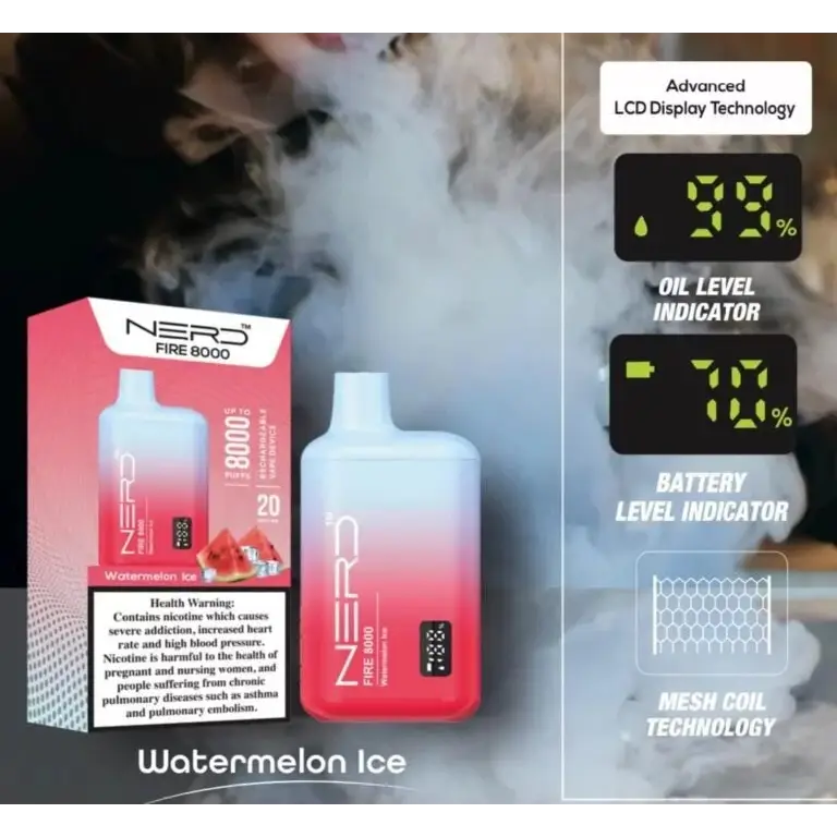 Nerd Fire 8000 Puffs - Watermelon Ice / 20mg (2% ) - Disposable Vape - Vapes Uae