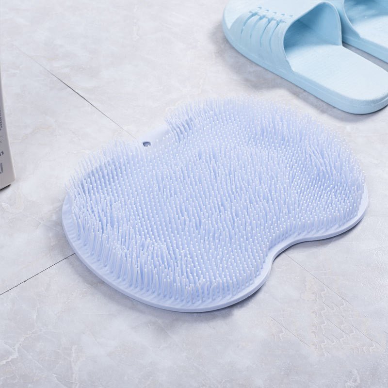 Silicone bath brush & non-slip mat - foot scrub pad body cleaning back massage tool with suction cups - blue / 23x30cm