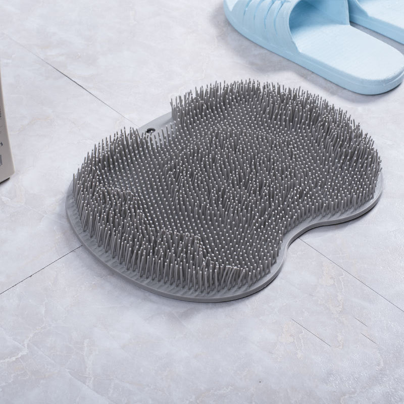 Silicone bath brush & non-slip mat - foot scrub pad body cleaning back massage tool with suction cups - grey / 23x30cm