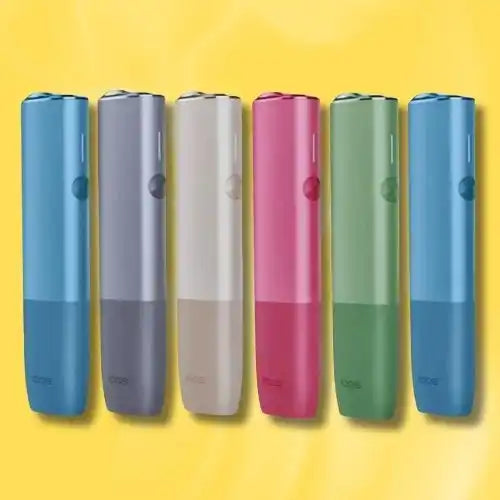 Six colorful vape devices arranged in a row.