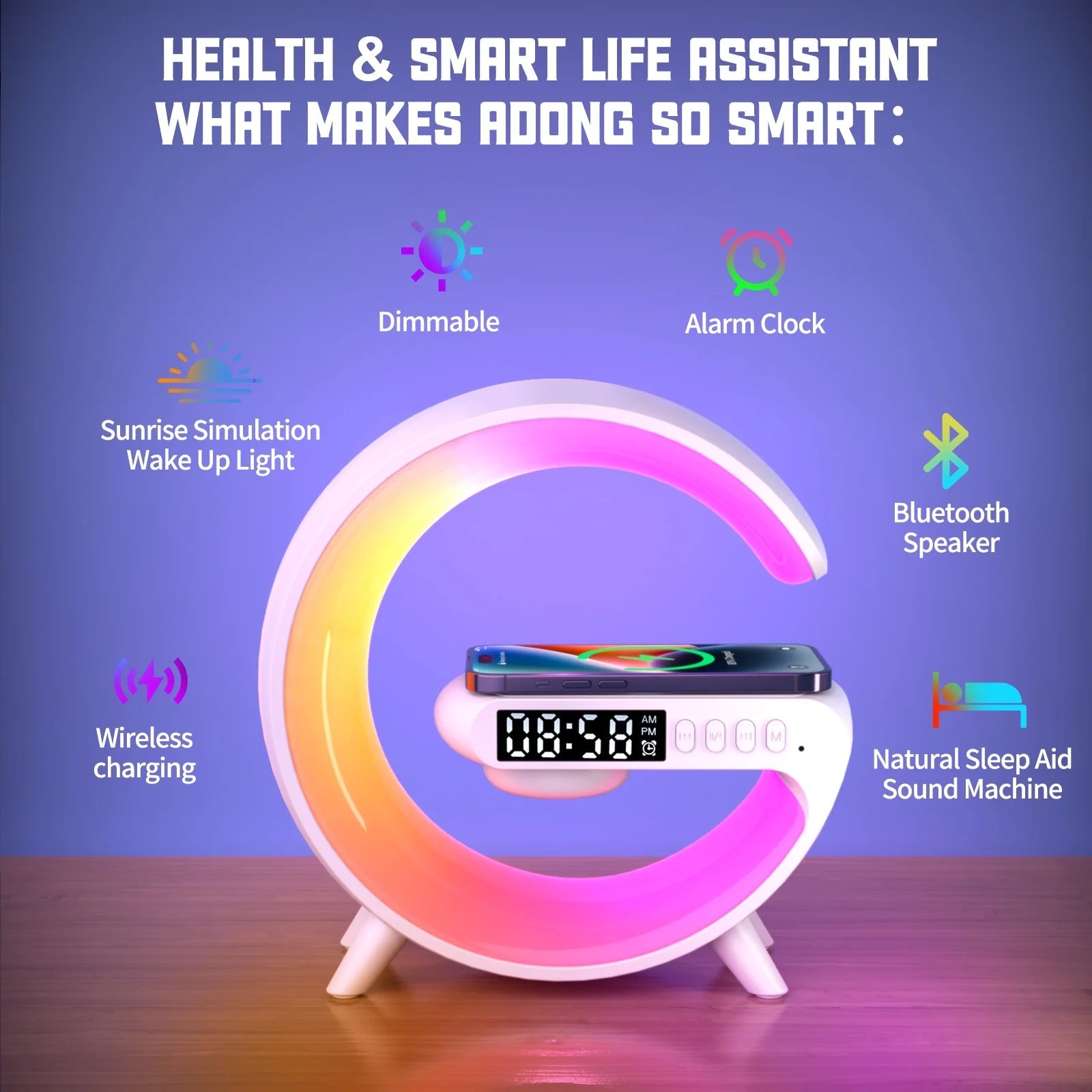 Sunrise alarm clock with wireless charging & bluetooth speaker adjustable brightness atmosphere lamp night light