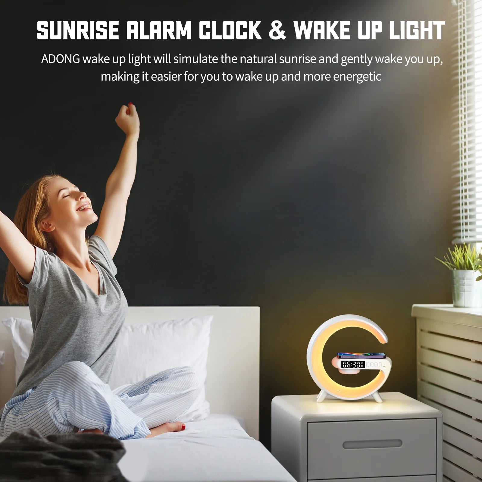 Sunrise alarm clock with wireless charging & bluetooth speaker adjustable brightness atmosphere lamp night light