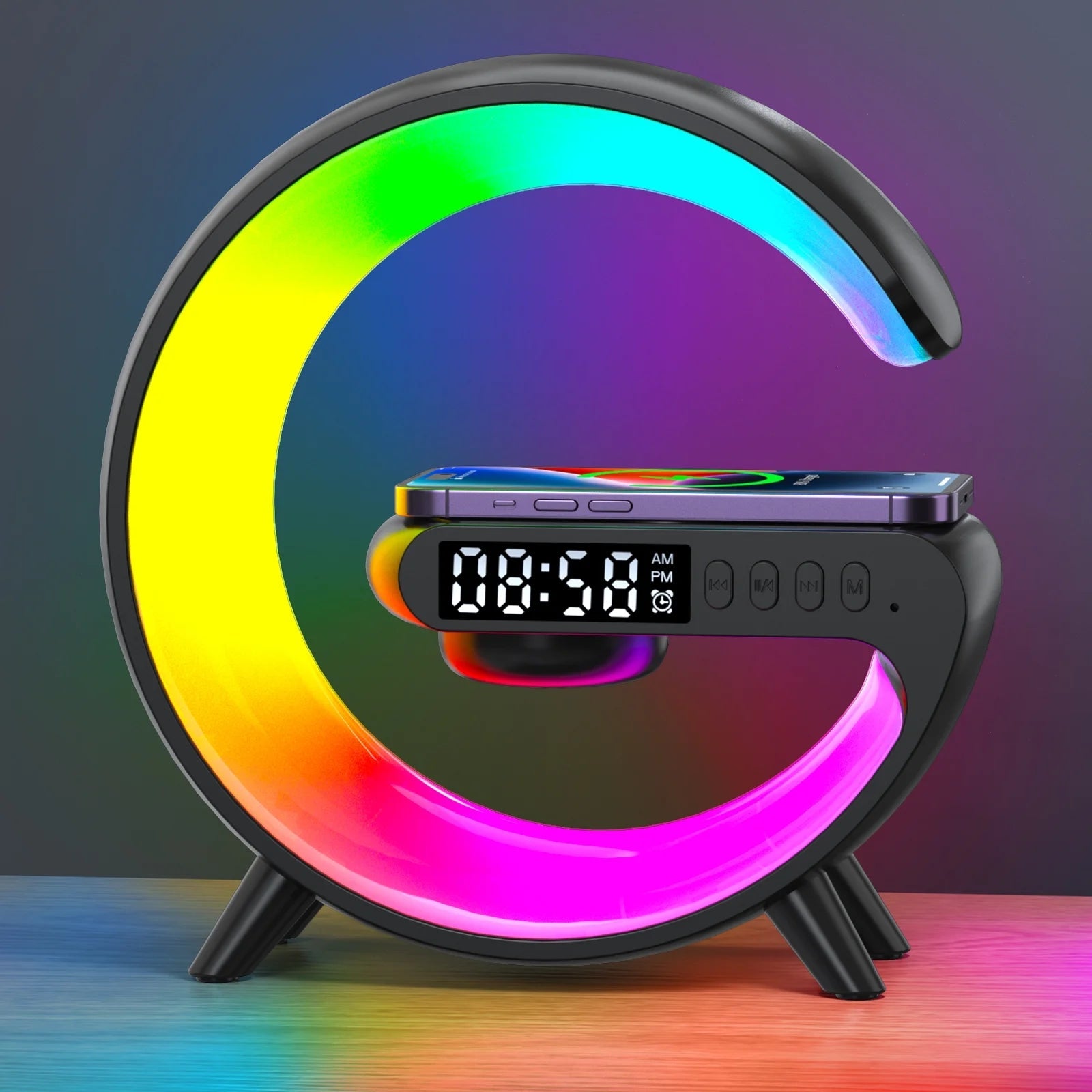 Sunrise alarm clock with wireless charging & bluetooth speaker adjustable brightness atmosphere lamp night light