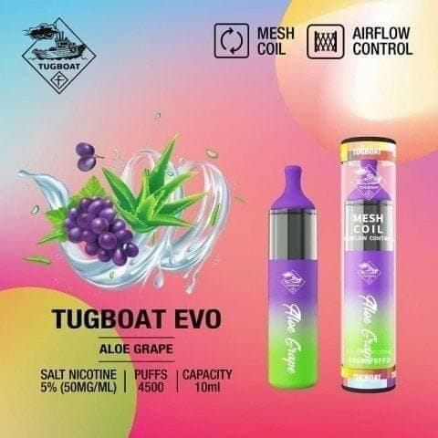 Tugboat evo 4500 puffs - aloe grape / 50mg (5% ) - disposable vape - vapes uae