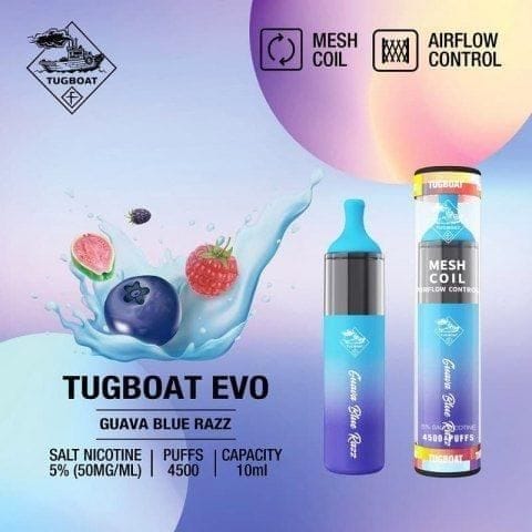 Tugboat evo 4500 puffs - guava blue razz / 50mg (5% ) - disposable vape