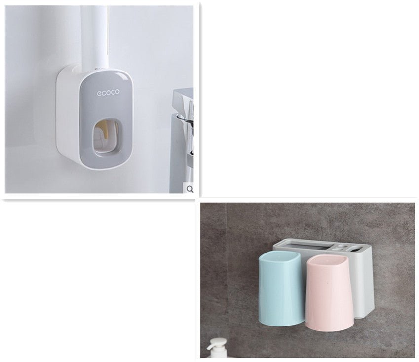 Wall mounted automatic toothpaste dispenser with sanitizing uv light - grey double cups - bathroom