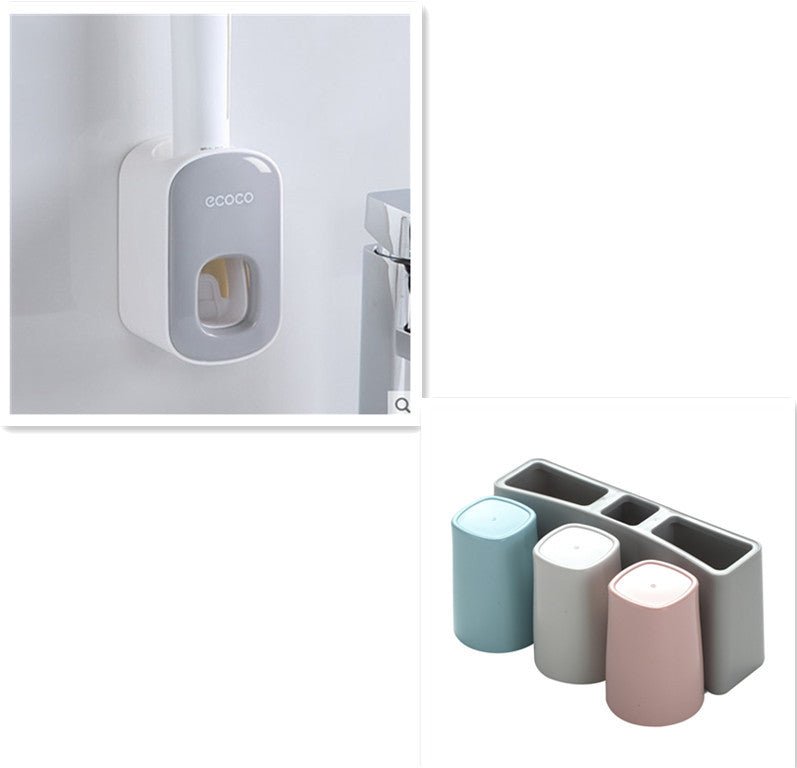 Wall mounted automatic toothpaste dispenser with sanitizing uv light - grey three cups - bathroom